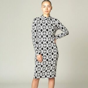 Two Hearts Womens 2X Geometric Square Print Mock Long‎ Sleeve Dress Black White